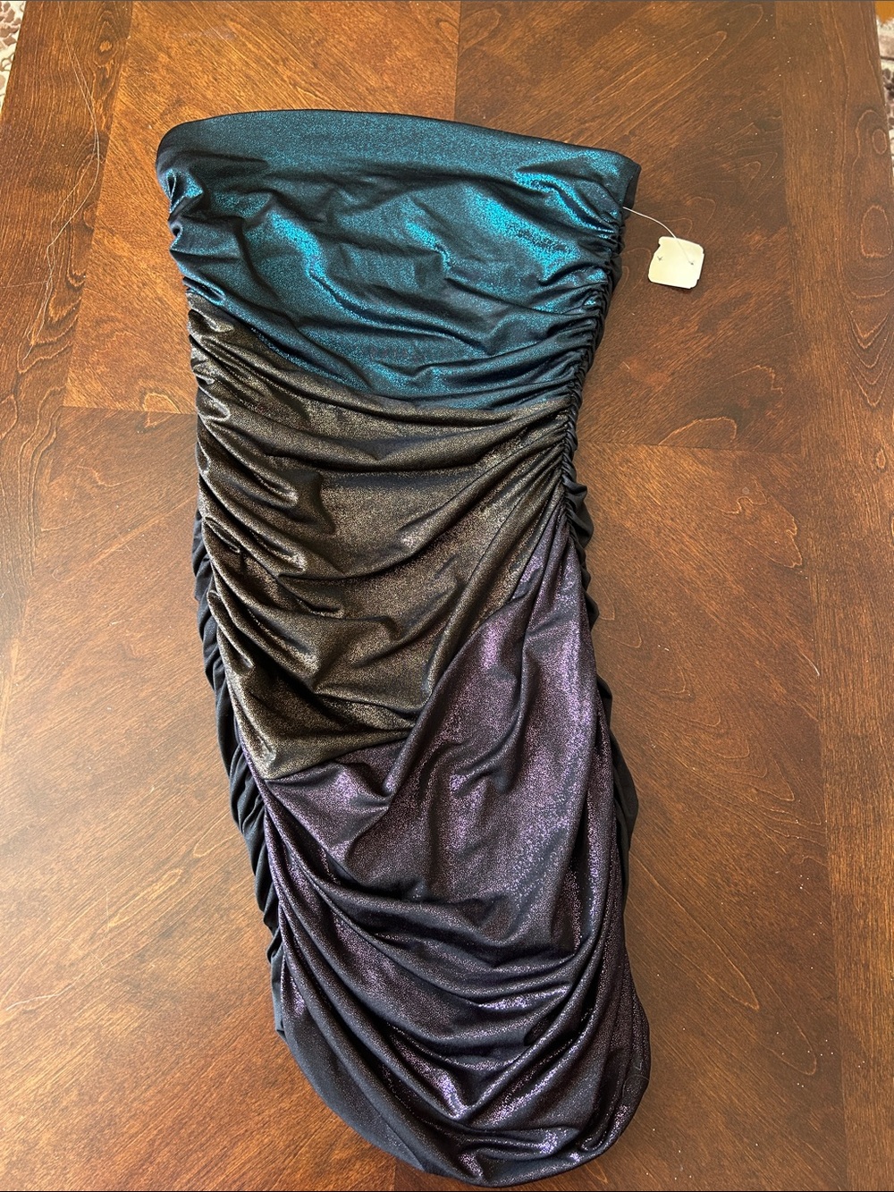 Strapless Ruched Metallic Ombre Dress - Blue/Purple